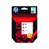 Упаковка из 3 оригинальных струйных картриджей HP 46, черный (2)/трехцветный (1) for DeskJet 2020hc/2520hc (2 black, 1 color), черно-белая печать 1500 стр, цветная печать 750 стр. (F6T40AE)